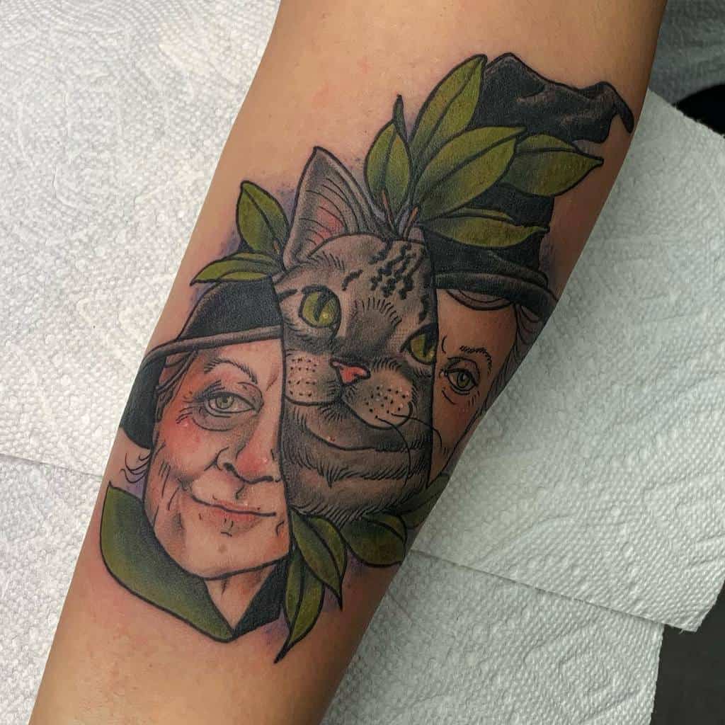 Detailed Professor McGonagall tattoo from Harry Potter, featuring a split design of her human form and Animagus cat transformation with green leaves