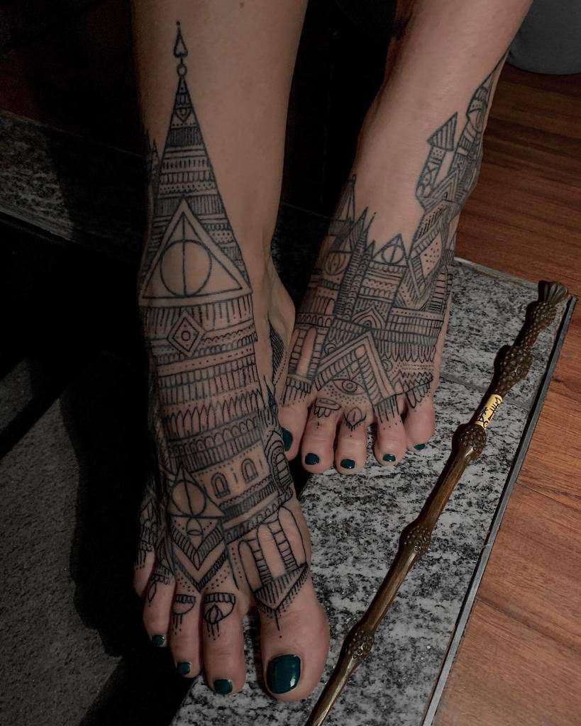 Intricate Harry Potter-inspired tattoos featuring Hogwarts castle, the Deathly Hallows symbol, and magical elements.