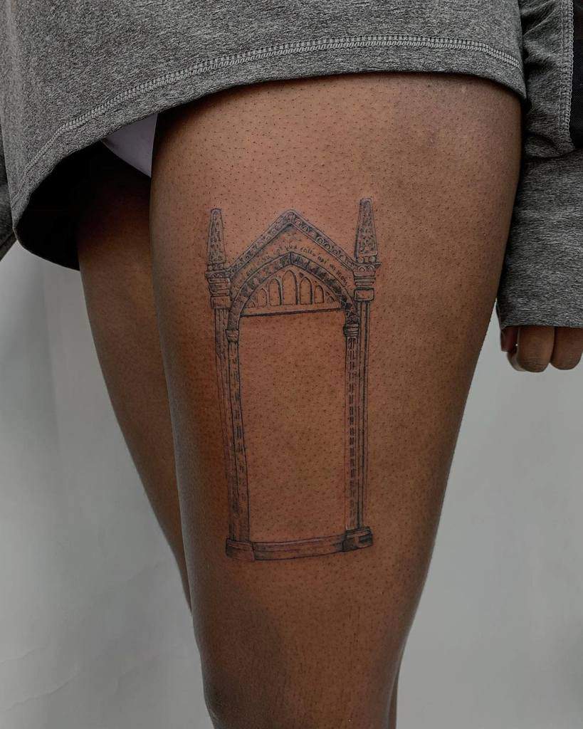 Harry Potter-inspired tattoo of the Mirror of Erised, intricately detailed, inked with fine linework