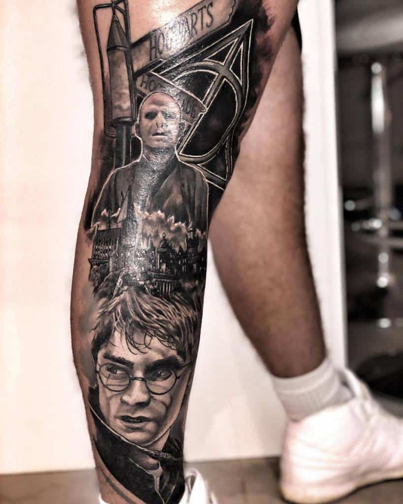 Black and grey leg sleeve tattoo featuring iconic Harry Potter characters, including Harry Potter and Voldemort, with Hogwarts Castle and the Deathly Hallows symbol