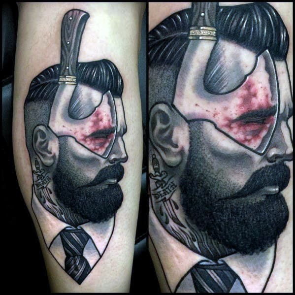 Dark realism tattoo of a bearded man in a suit with a hatchet embedded in his head, featuring intense shading and red bruising for a dramatic effect.