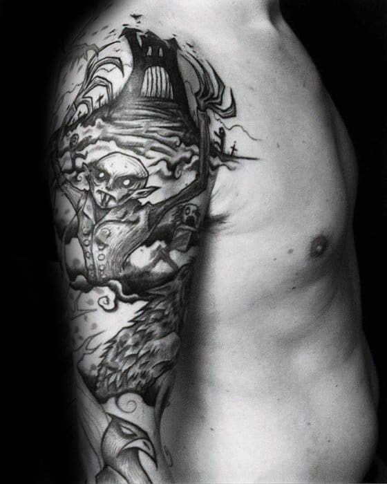 Haunted Castle With Dracula Bat Mens Full Arm Tattoo