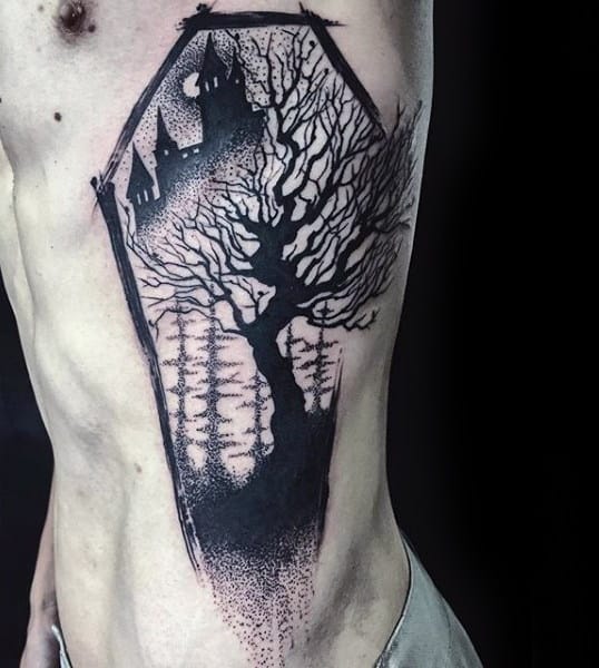 Haunted Castle With Tree Amazing Male Rib Cage Side Tattoos