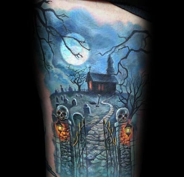 Color haunted graveyard tattoo with a winding path, skull-topped gates, glowing lanterns, eerie trees, full moon, and a dark chapel.