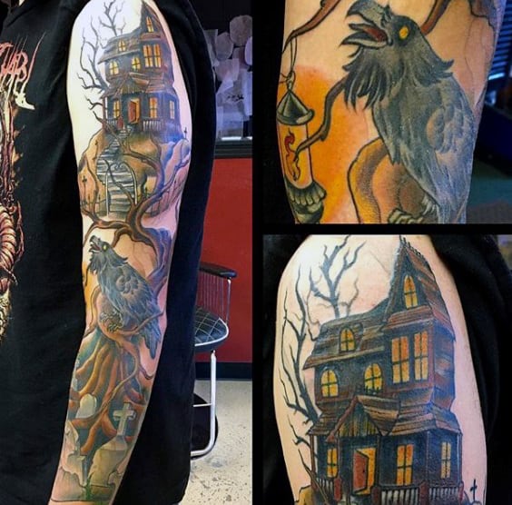 Haunted House Halloween Tattoo Male Full Sleeves