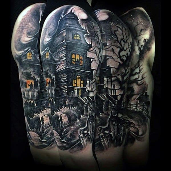 Haunted house sleeve tattoo with glowing windows, graveyard, twisted trees, stormy sky, and eerie lighting for a dark atmospheric feel.