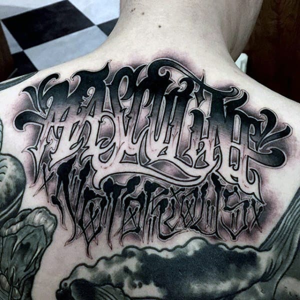 Haunting Lettering Tattoo Mens Back