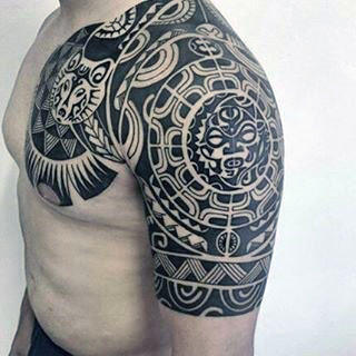 Hawaiian Mens Cool Half Sleeve And Chest Tattoo With Sun Design