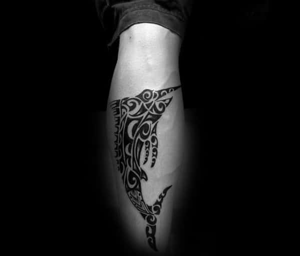 Hawaiian Tribal Marlin Tattoos For Guys On Back Of Leg