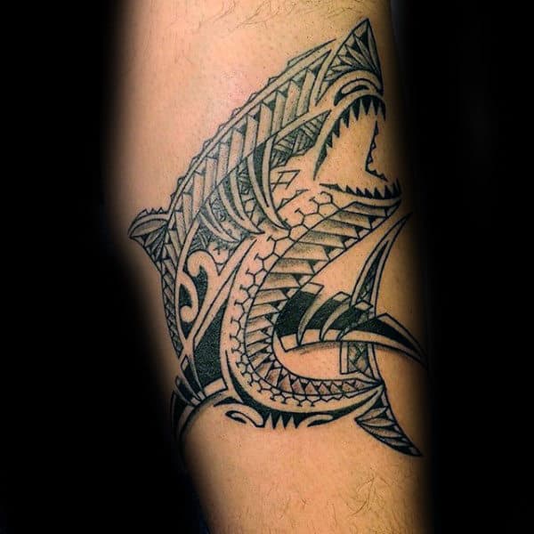 Hawaiian Tribal Shark Mens Leg Tattoos