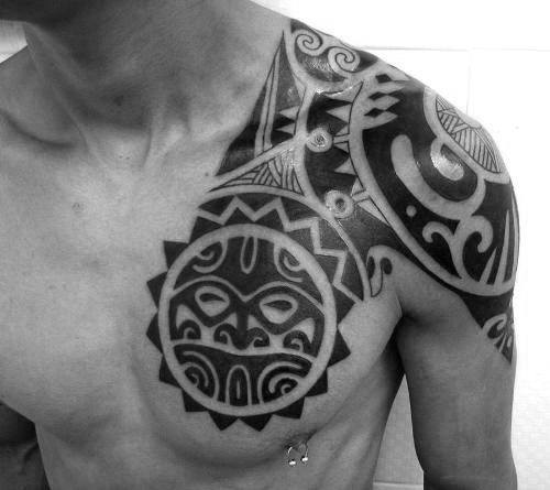 Hawaiian Tribal Sun Chest And Shoulder Male Tattoos