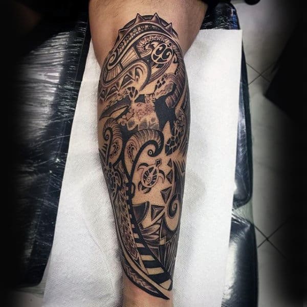 Hawaiian Turtle Tribal Tattoo On Leg Of Male
