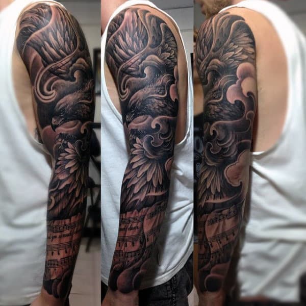 Hawk And Musical Notation Full Sleeve Black Tattoo For Men