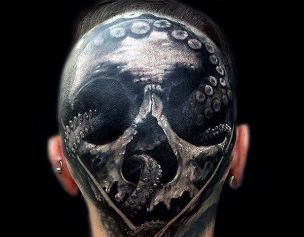Skull design on the back of the head with octopus tentacles, featuring dark shading and intricate details for a bold and dramatic look.