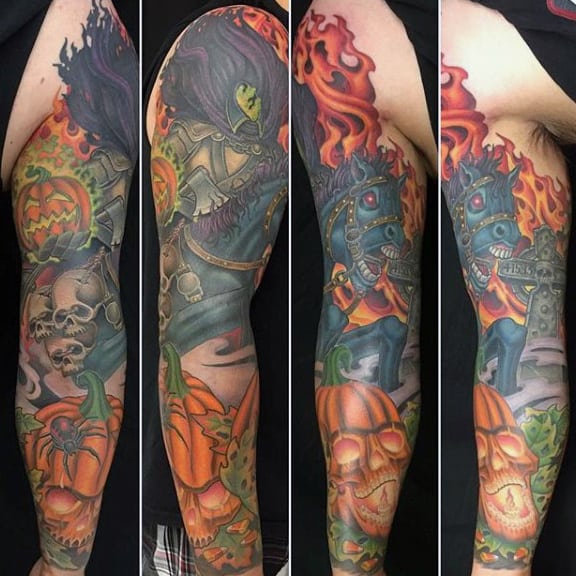 Headless Horseman Mens Themed Full Tattoo Sleeve With Orange Ink Pumpkin