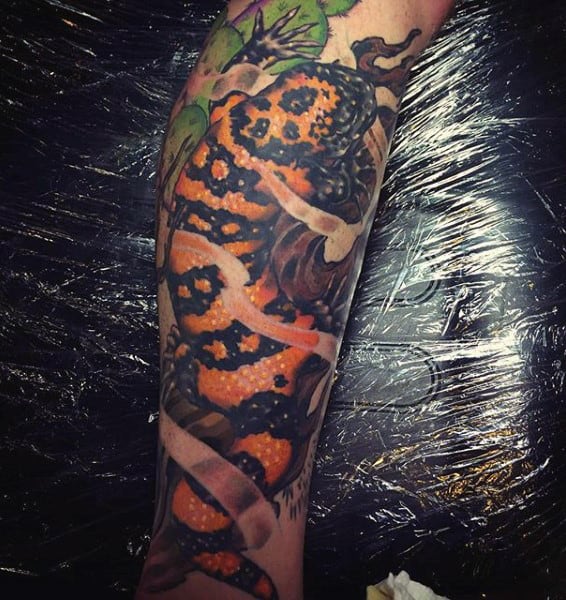 Healthy Yellow Black Patterned Lizard Tattoo Guys Forearms