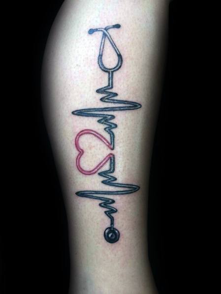 Stethoscope and ECG line tattoo with a red heart, symbolizing love for the medical profession and a commitment to saving lives.