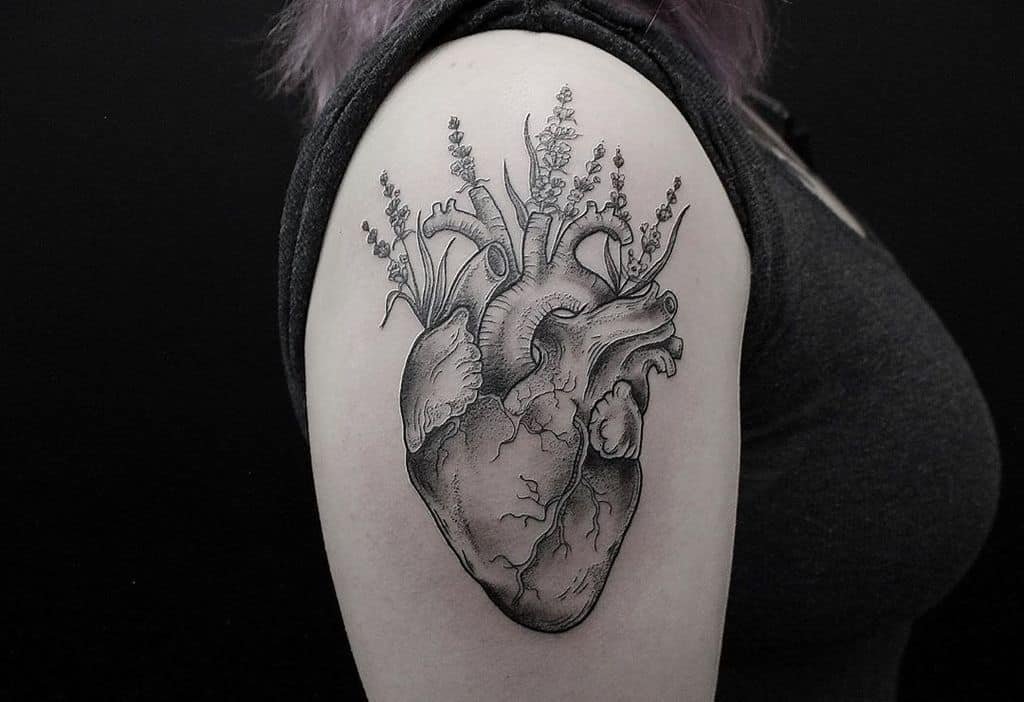 A black and gray tattoo of a human heart adorned with lavender sprigs, located on the upper arm.