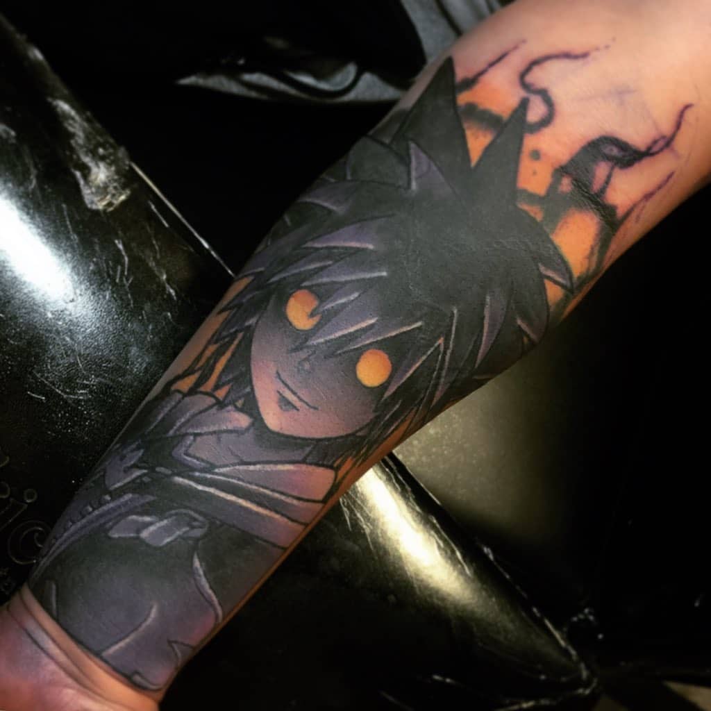 Dark Kingdom Hearts tattoo of Sora in his Anti Form, featuring glowing yellow eyes, deep shading, and shadowy tendrils on the forearm.