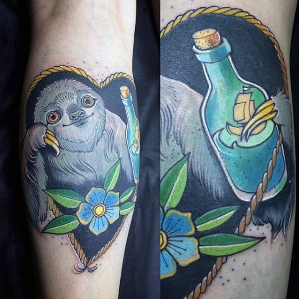 Heart Sloth Holding Ship In A Bottle Mens Forearm Tattoo
