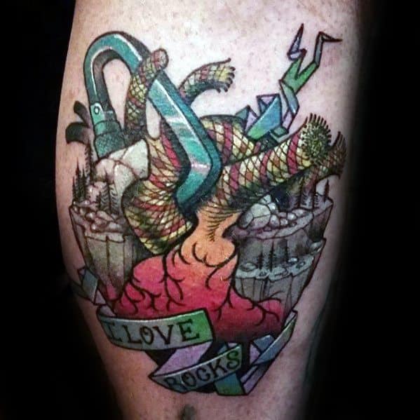 Heart Themed Rock Climbing Tattoo Design Ideas For Males On Leg Calf
