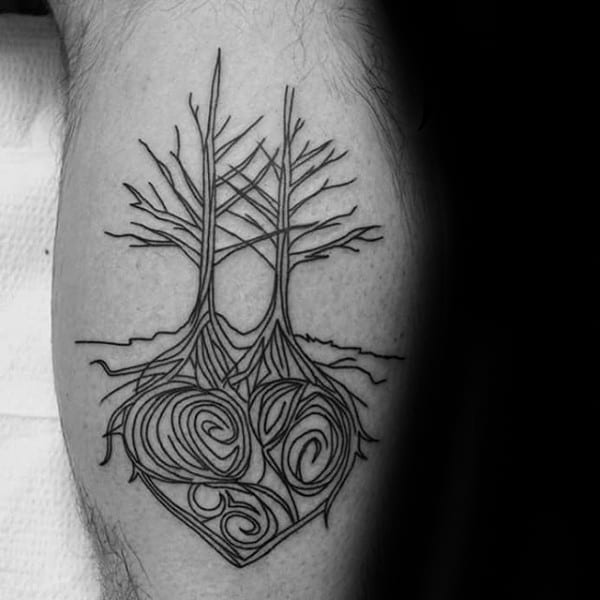 Heart Tree Roots Mens Leg Calf Tattoo