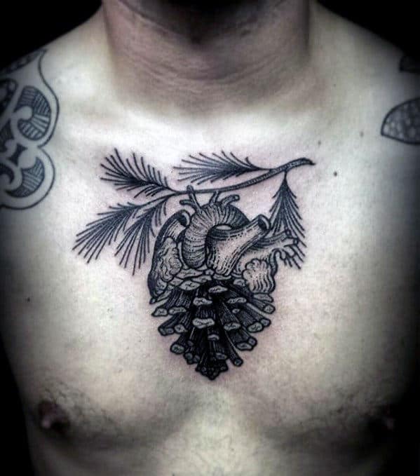 Heart With Branches And Pine Cones Mens Upper Chest Tattoos