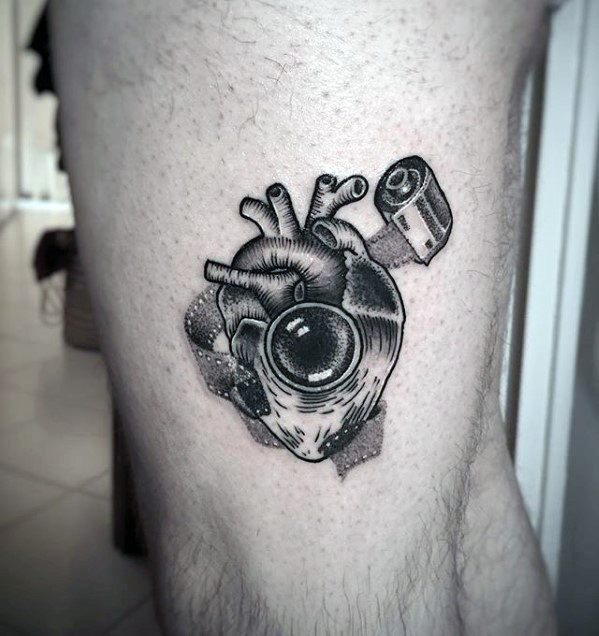 Heart With Camera Themed Design Small Detailed Leg Tattoos For Guys