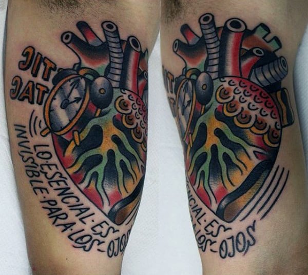 Heart With Clock Mens Traditional Inner Arm Bicep Tattoos