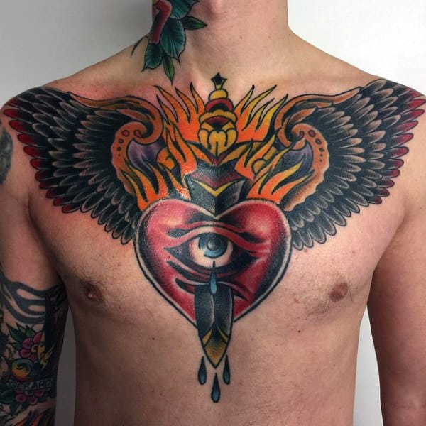 Heart With Flaming Sword Guys Traditional Tattoo Ideas On Chest