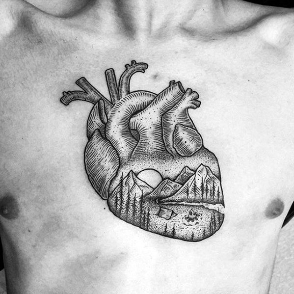 Heart With Nature Landscape Badass Guys Chest Tattoo
