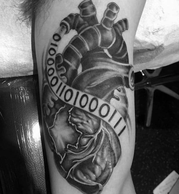 Heart With Numbers Binary Guys Inner Arm Bicep Tattoos