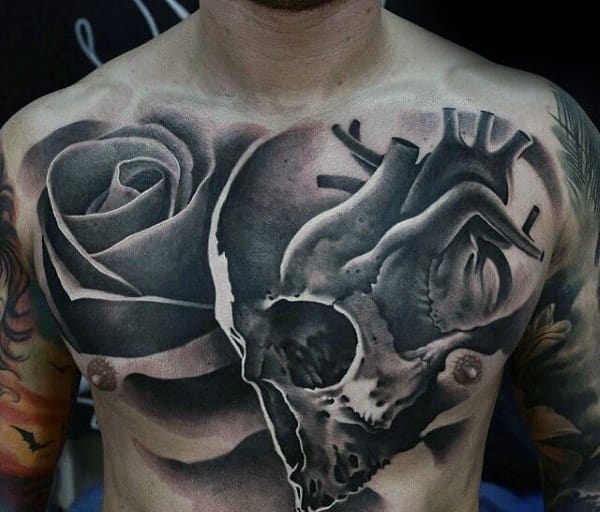 Heart With Skull And Rose 3d Creative Mens Chest Tattoos