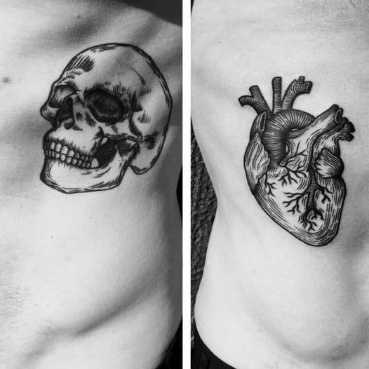 Heart With Skull Life Death Themed Mens Rib Cage Side Tattoo