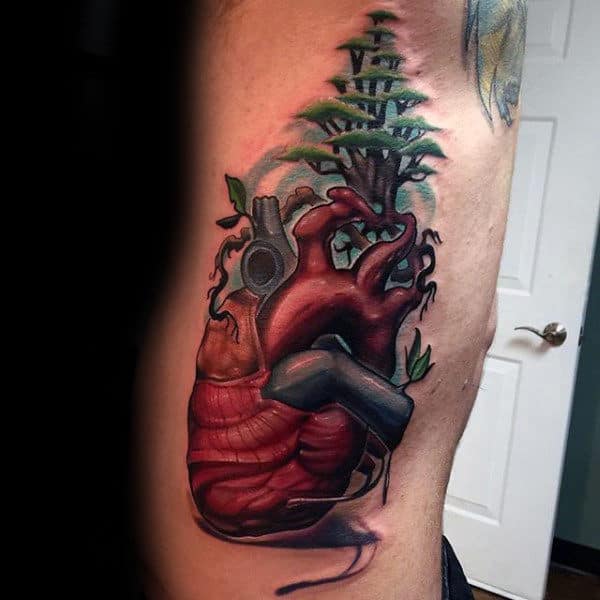 Heart With Trees Amazing Mens Rib Cage Tattoos