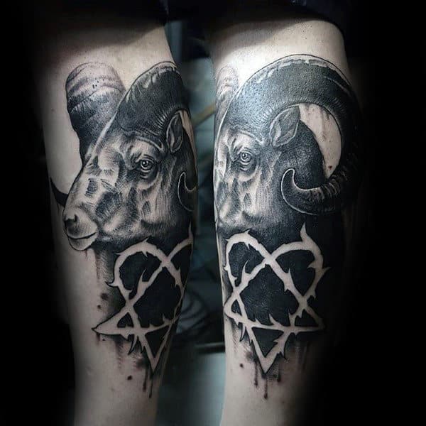 Heartagram Ram Mens Black Ink Negative Space Leg Tattoo