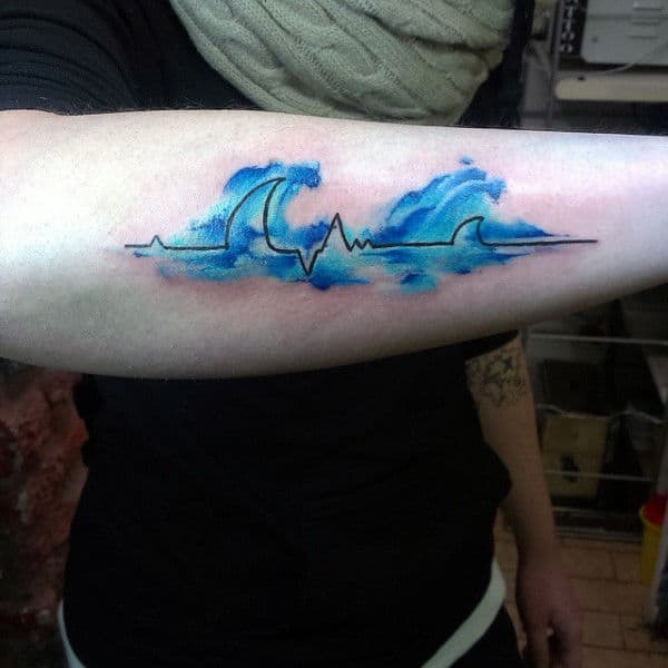 Heartbeat Tattoo With Blue Waves Tattoo On Forearm