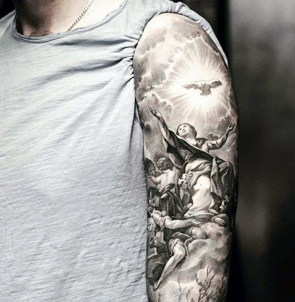 Heaven Angels Catholic Mens Sleeve Tattoo