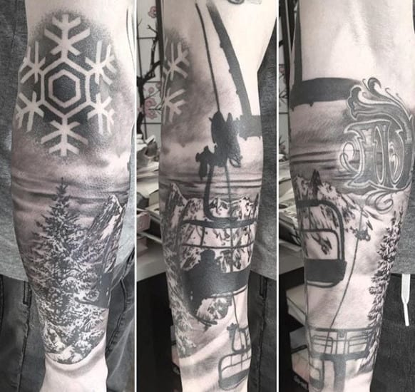 Heavenly Snow Clad Peaks And Snowboard Tattoo Male Forearms