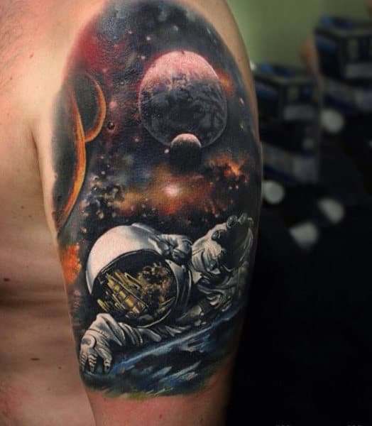 Heavenly Universe And Astronaut Tattoo Mens Arms