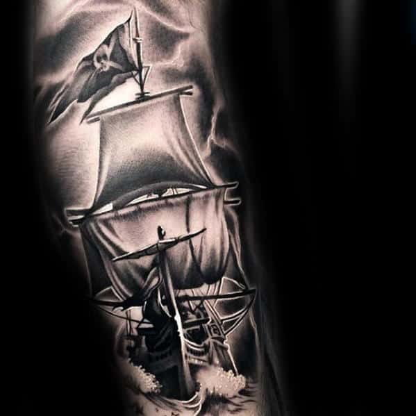 Heavily Shaded 3d Guys Pirate Flag Ship Sleeve Tattoo Designs