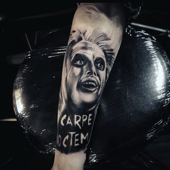 Heavily Shaded Beetlejuice Male Outer Forearm Tattoo Design Ideas
