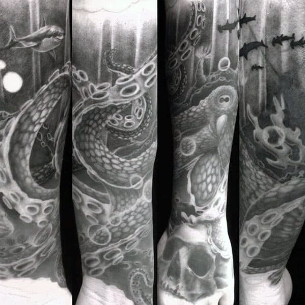 Heavily Shaded Black And Grey Octopus Forearm Sleeve Tattoos For Guys
