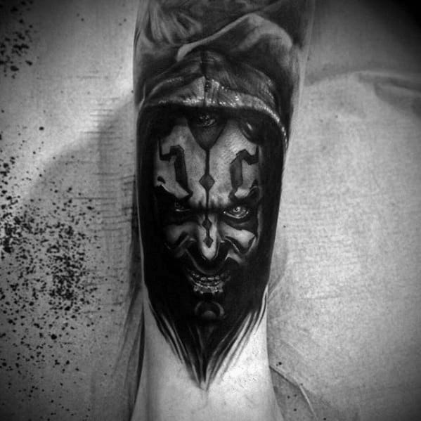 Heavily Shaded Black Ink Lower Leg Darth Maul Tattoos Male