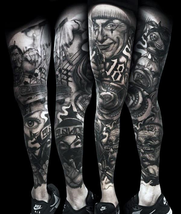 Heavily Shaded Chicano Money Rose Mens Full Leg Sleeve Tattoo