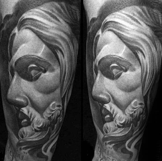 Heavily Shaded Guys Jesus Tattoo On Arm
