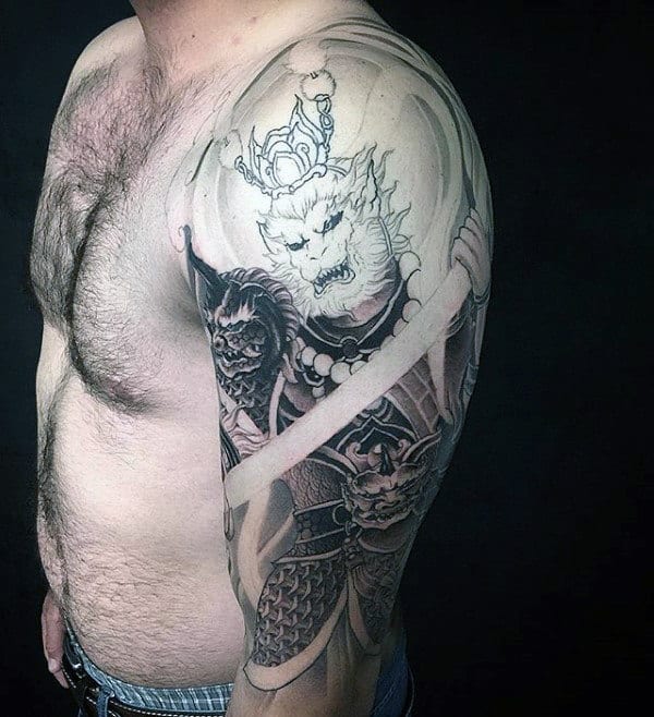 Heavily Shaded Guys Monkey King Half Sleeve Tattoos