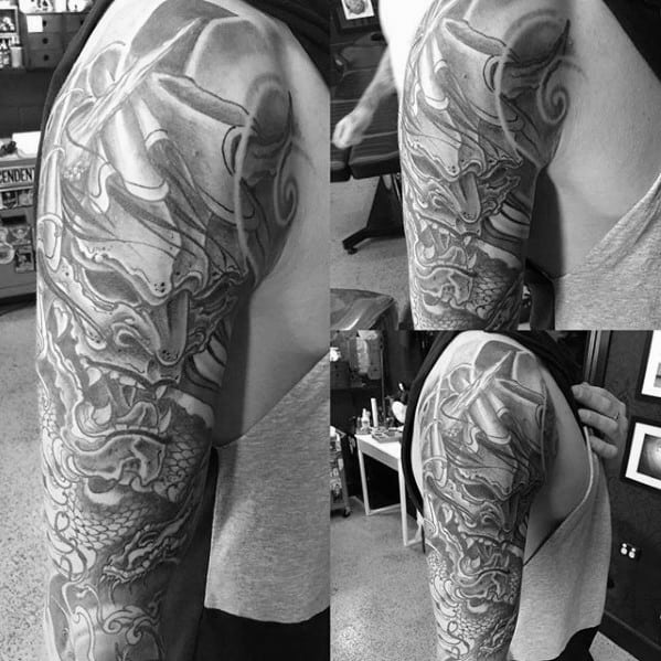 Heavily Shaded Japanese Demon Sleeve Tattoo On Gentleman