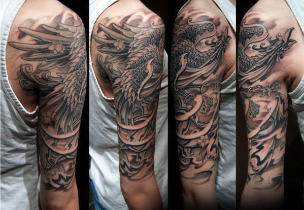 Heavily Shaded Japanese Male Phoenix Half Sleeve Tattoos