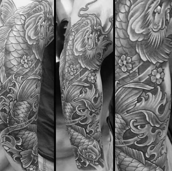 Heavily Shaded Manly Guys Koi Dragon Sleeve Tattoo Ideas